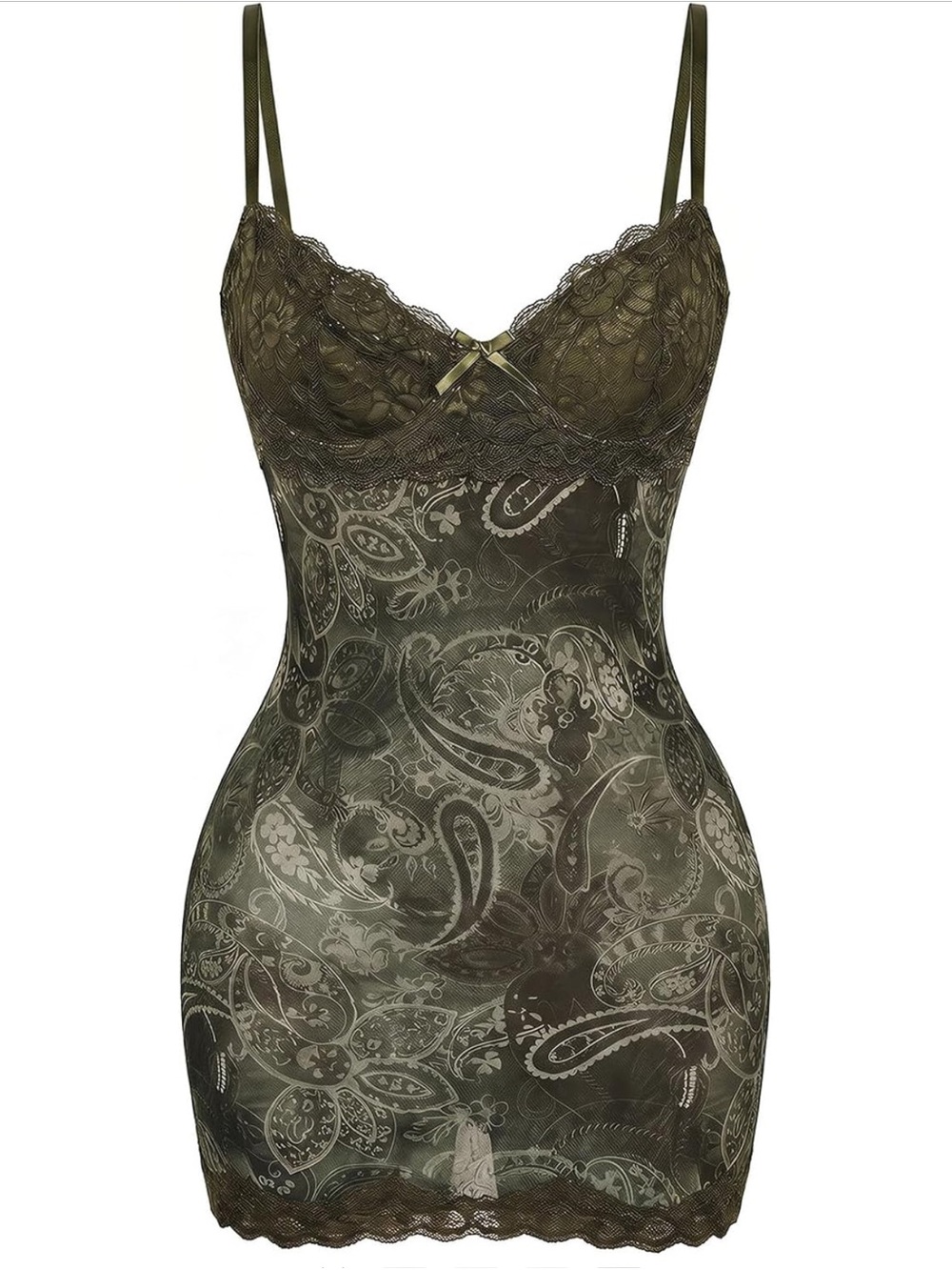 Olive Green Lace Paisley Chemise with Scalloped Trim